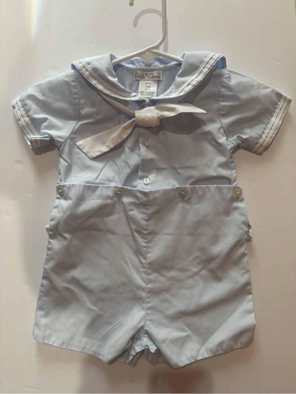 Petit Ami Pale Blue Sailor Shortall with White Tie 6 mos